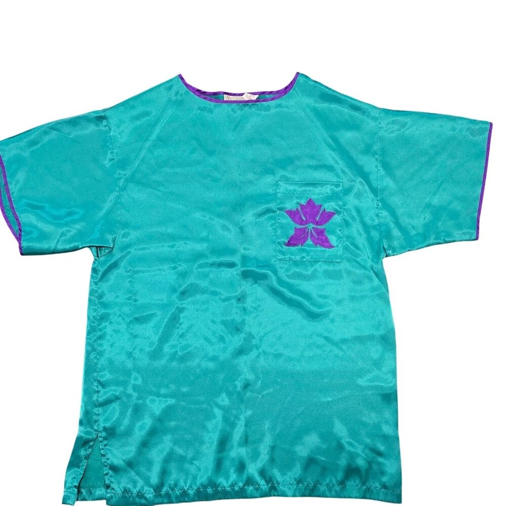 Victorias Secret vintage gold label Teal Purple Satin Top With Lotus Embroidery